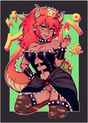 Rule 34 | armlet, artist name, black collar, black dress, black leotard, black nails, borrowed design, bowsette, bracelet, breasts, cleavage, collar, crown, dark-skinned female, dark skin, dress, earrings, fingernails, fire, fishnets, fire, green eyes, horns, iahfy, jewelry, large breasts, leg up, leotard, long hair, mario (series), nail polish, new super mario bros. u deluxe, nintendo, open mouth, pointy ears, ponytail, red background, red hair, sharp fingernails, sharp teeth, smile, solo, spiked armlet, spiked bracelet, spiked collar, spiked shell, spiked tail, spikes, strapless, super crown, tail, teeth, transformation, turtle shell