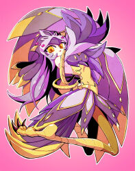Rule 34 | 1girl, arms up, duel monster, feathered wings, full body, gradient background, harpy, helmet, highres, legs up, long hair, lyrilusc - promenade thrush, monster girl, orange eyes, pink background, purple hair, skirt, solo, winged arms, wings, yu-gi-oh!, yukitaka (zzzzz)
