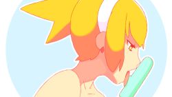 Rule 34 | 1girl, animated, animated gif, bare shoulders, blonde hair, earrings, food, hairband, half-closed eyes, jewelry, licking, lowres, popsicle, saltyicecream, sexually suggestive, simple background, solo, tongue, tongue out, upper body, yellow eyes