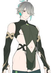 Rule 34 | 1boy, alhaitham (genshin impact), aqua hair, black gloves, black thighhighs, blush, bulge, chest jewel, closed mouth, clothing cutout, detached sleeves, genshin impact, gloves, grey hair, hair over one eye, male focus, meiji (meiji770), multicolored hair, navel cutout, nipples, partially fingerless gloves, pectorals, pelvic curtain, see-through, simple background, solo, thighhighs, twitter username, white background