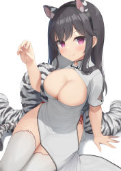 Rule 34 | 1girl, animal costume, animal ear fluff, animal ears, animal print, arm support, black hair, blush, breasts, china dress, chinese clothes, chinese zodiac, claw pose, cleavage, cleavage cutout, closed mouth, clothing cutout, dress, fake animal ears, fake tail, fujieda uzuki, hair between eyes, hair flaps, happy new year, highres, large breasts, long hair, looking at viewer, new year, original, panties, purple eyes, red panties, shawl, short sleeves, side-tie panties, side slit, sidelocks, simple background, sitting, smile, solo, tail, thighhighs, tiger costume, tiger ears, tiger print, tiger stripes, tiger tail, underwear, white background, white thighhighs, year of the tiger