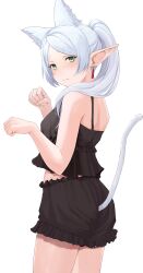 Rule 34 | 1girl, absurdres, animal ears, bare arms, bare shoulders, black camisole, black shorts, blush, breasts, camisole, cat ears, cat tail, clenched hands, closed mouth, clothing cutout, cowboy shot, earrings, frieren, frilled camisole, frilled shorts, frills, from side, green eyes, hair over shoulder, hands up, highres, jewelry, long hair, looking at viewer, looking to the side, medium breasts, midriff peek, murugai, parted bangs, paw pose, pointy ears, ponytail, short eyebrows, shorts, simple background, solo, sousou no frieren, spaghetti strap, tail, tail raised, tail through clothes, thick eyebrows, turning head, white background, white hair