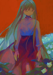 Rule 34 | 1girl, blue flower, closed eyes, closed mouth, commentary request, flower, grey shirt, highres, leaf, long skirt, long sleeves, orange background, original, potg (piotegu), red skirt, shirt, signature, skirt, solo