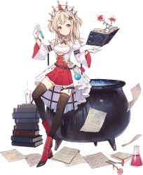 Rule 34 | 1girl, ark order, belt, beret, black belt, black thighhighs, blonde hair, book, book stack, boots, candle, cauldron, coat, crown, erlenmeyer flask, flask, floating, floating book, floating object, flower, frilled skirt, frills, gloves, hair ornament, hat, hexagram, high-waist skirt, holding, juliet sleeves, kamon (shinshin), long sleeves, looking at viewer, medium hair, official art, paper, pink eyes, pleated skirt, puffy sleeves, red footwear, red skirt, round-bottom flask, salamander (ark order), skirt, solo, star (symbol), star hair ornament, star of david, strapless, tachi-e, thigh strap, thighhighs, transparent background, tube top, two side up, vial, white coat, white gloves, white hat, white tube top