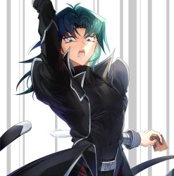 Rule 34 | 1boy, antenna hair, arm up, belt buckle, black coat, black shirt, blue hair, buckle, card, cat tail, coat, covered navel, green eyes, hair intakes, highres, holding, holding card, long hair, long sleeves, male focus, maru-ji, marufuji ryo, open clothes, open coat, open mouth, shirt, solo, striped, striped background, tail, white background, yu-gi-oh!, yu-gi-oh! gx