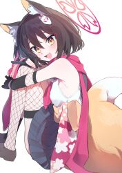 Rule 34 | 1girl, absurdres, animal ears, blue archive, breasts, brown hair, fang, fishnet thighhighs, fishnets, fox ears, fox hair ornament, fox shadow puppet, fox tail, gloves, halo, highres, izuna (blue archive), partially fingerless gloves, red scarf, scarf, sitting, skin fang, small breasts, sutora binsuke, tail, thighhighs, white background, yellow eyes
