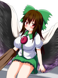 Rule 34 | 1girl, arm cannon, black wings, blush, bow, breasts, brown hair, center frills, frills, green skirt, hair bow, highres, large breasts, miniskirt, open mouth, red eyes, reiuji utsuho, skirt, solo, third eye, touhou, weapon, wings, yakumo nanahara