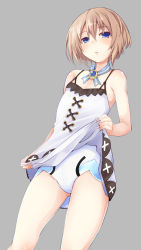 Rule 34 | 1girl, bare shoulders, blanc (neptunia), blue eyes, blush, brown hair, clothes lift, commentary request, cowboy shot, dress, dress lift, gluteal fold, groin, hair between eyes, highres, iwashi dorobou -r-, leotard, leotard under clothes, lifted by self, looking at viewer, neptune (series), parted lips, self exposure, short hair, simple background, solo, spaghetti strap, thighs, upskirt, white dress, white heart (neptunia), white leotard