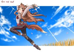 Rule 34 | 00s, animal ears, brown hair, holo, long hair, petals, red eyes, solo, spice and wolf, tail, tsukino kitsune, wolf ears, wolf tail