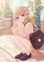Rule 34 | 1girl, bag, bag charm, blue eyes, blush, braid, brown footwear, brown hair, charm (object), closed mouth, commentary request, flower, full body, green ribbon, hair flower, hair ornament, hair ribbon, highres, loafers, long hair, long sleeves, looking at viewer, original, pleated skirt, puffy long sleeves, puffy sleeves, ribbon, sailor collar, school bag, school uniform, serafuku, shiromikan, shirt, shoes, skirt, sleeves past wrists, socks, solo, squatting, steepled fingers, very long hair, white flower, white shirt, white socks, yellow sailor collar, yellow skirt