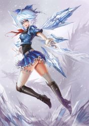 Rule 34 | 1girl, alternate costume, ass, blue eyes, blue hair, cirno, dantewontdie, elbow gloves, fingerless gloves, full body, gloves, highres, ice, ice wings, matching hair/eyes, aged up, smile, solo, thighhighs, touhou, white thighhighs, wings