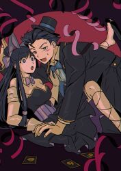 1boy 1girl ace_attorney animal_ears black_coat black_dress black_footwear black_hat blue_bow blue_bowtie blue_vest blunt_bangs bow bowtie boy_on_top breasts bright_pupils card cleavage coat collared_shirt corset criss-cross_straps dress fake_animal_ears gloves hair_bobbles hair_bow hair_ornament hand_on_another&#039;s_chest hat highres korean_commentary leg_ribbon leg_up long_hair maya_fey mmachoii phoenix_wright playing_card purple_bow purple_corset rabbit_ears ribbon shirt short_hair small_sweatdrop spiked_hair topknot vest white_gloves white_shirt