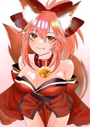 Rule 34 | 1girl, animal ear fluff, animal ears, animal hands, bell, blush, breasts, cleavage, collar, fate/grand order, fate (series), fox ears, fox girl, fox tail, gloves, highres, jingle bell, large breasts, long hair, looking at viewer, neck bell, paw gloves, pink hair, ponytail, ringo2156, solo, tail, tamamo (fate), tamamo cat (fate), yellow eyes