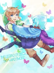 Rule 34 | 1boy, 1girl, bad id, bad pixiv id, blonde hair, blue eyes, blue hair, blue skin, boots, bug, butterfly, cape, colored skin, copyright name, fi (zelda), fingerless gloves, gloves, hat, insect, link, nintendo, pantyhose, riko (sorube), shield, sorube, the legend of zelda, the legend of zelda: skyward sword
