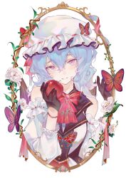 Rule 34 | 1girl, absurdres, apple, bare shoulders, bat wings, black collar, black dress, blue hair, border, bow, bowtie, bracelet, bug, butterfly, collar, detached sleeves, dress, flower, food, frilled hat, frilled sleeves, frills, fruit, gloves, hair between eyes, hat, hat ribbon, head tilt, highres, holding, holding food, holding fruit, insect, jewelry, leaf, long sleeves, looking at viewer, medium hair, mob cap, oval, parted lips, pfallen, pink eyes, pink ribbon, red apple, red bow, red bowtie, red butterfly, remilia scarlet, ribbon, ribbon-trimmed headwear, ribbon trim, rose, round border, round image, simple background, smile, solo, touhou, white background, white dress, white flower, white hat, white sleeves, wings