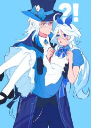 Rule 34 | !?, 1boy, 1girl, ahoge, alice in wonderland, alternate costume, apron, artist name, ascot, back bow, black footwear, blue background, blue bow, blue bowtie, blue coat, blue dress, blue eyes, blue gemstone, blue gloves, blue hair, blue hairband, blue headwear, blue pants, blue ribbon, blue vest, bow, bow hairband, bowtie, card, carrying, chain, clenched hands, closed mouth, coat, collared coat, collared dress, collared shirt, colored inner hair, dress, drop-shaped pupils, egosketchy, furina (genshin impact), gem, genshin impact, gloves, gold chain, gold trim, hair between eyes, hairband, hands up, hat, hat bow, hetero, heterochromia, highres, long hair, long sleeves, looking at another, mismatched pupils, multicolored hair, neuvillette (genshin impact), open clothes, open coat, open mouth, pants, pantyhose, playing card, pointy ears, princess carry, puffy short sleeves, puffy sleeves, purple eyes, ribbon, shirt, shoes, short sleeves, sidelocks, simple background, standing, sweatdrop, symbol-shaped pupils, top hat, vest, white apron, white ascot, white hair, white pantyhose, white shirt