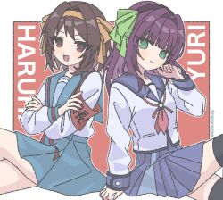 &gt;:) 2girls :d angel_beats! arm_at_side armband black_hairband black_thighhighs blue_sailor_collar blue_skirt blunt_bangs blush border brown_eyes brown_hair character_name closed_mouth crossed_arms crossed_legs crossover eyes_visible_through_hair feet_out_of_frame green_eyes green_ribbon hair_between_eyes hair_intakes hair_ribbon hairband hand_up long_sleeves look-alike looking_at_viewer medium_hair miniskirt multiple_girls nakamura_yuri nanonome neckerchief open_mouth orange_hairband orange_ribbon outside_border pink_neckerchief pleated_skirt purple_hair red_armband red_background ribbon sailor_collar school_uniform serafuku shirt side-by-side sidelocks simple_background sitting skirt smile suzumiya_haruhi suzumiya_haruhi_no_yuuutsu thighhighs twitter_username v-shaped_eyebrows white_border white_shirt zettai_ryouiki