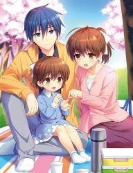 Rule 34 | 1boy, 2girls, antenna hair, blue dress, blue eyes, blue hair, bow, brown eyes, brown hair, casual, cherry blossoms, clannad, commentary request, crossed legs, day, dress, family, father and daughter, full body, furukawa nagisa, fuyuichi, hair bow, hair ribbon, highres, husband and wife, looking at another, medium hair, mother and daughter, multiple girls, no shoes, official art, okazaki tomoya, okazaki ushio, outdoors, picnic, ponytail, ribbon, second-party source, short hair, sitting, socks, spiked hair, spoilers, thermos, tree, white ribbon, white socks, yokozuwari