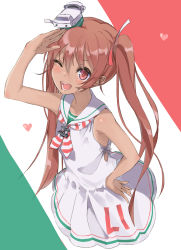 Rule 34 | 10s, 1girl, brown eyes, brown hair, dark-skinned female, dark skin, dress, hair ribbon, heart, highres, kantai collection, libeccio (kancolle), long hair, mugcup, one eye closed, open mouth, ribbon, sailor dress, salute, simple background, sleeveless, smile, solo, twintails