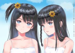 Rule 34 | 2girls, :d, bare shoulders, black hair, blue eyes, blue sky, blunt bangs, braid, camisole, closed mouth, cloud, cloudy sky, collarbone, day, flower, hair flower, hair ornament, long hair, mingrye, multiple girls, one side up, open mouth, original, outdoors, siblings, sky, smile, sunflower, sunflower hair ornament, translation request, twins, upper body, white camisole