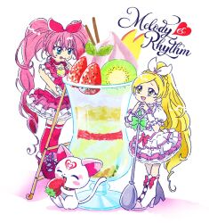 Rule 34 | 2girls, blonde hair, blue eyes, bow, cure melody, cure rhythm, dress, eating, english text, food, frilled dress, frilled skirt, frilled sleeves, frills, fruit, green eyes, hair bow, headband, holding, holding spoon, hoppetoonaka3, houjou hibiki, hummy (suite precure), long hair, minamino kanade, multiple girls, parfait, pink hair, ponytail, precure, puffy short sleeves, puffy sleeves, ribbon, short sleeves, skirt, smile, spoon, strawberry, suite precure, tongue, tongue out, twintails, white background, white headband