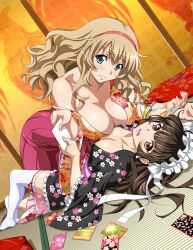 Rule 34 | 2girls, asymmetrical docking, black kimono, blue eyes, bow, breast press, breasts, brown eyes, brown hair, cleavage, closed mouth, collarbone, floral print, hair between eyes, hair bow, hair ribbon, ikkitousen, japanese clothes, kimono, large breasts, light brown hair, long hair, multiple girls, off shoulder, open mouth, print kimono, ribbon, ribbon-trimmed thighhighs, ribbon trim, short kimono, small breasts, sonken chuubou, ten&#039;i (ikkitousen), thighhighs, very long hair, wavy mouth, white bow, white ribbon, white thighhighs, wide sleeves, zettai ryouiki