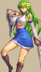 Rule 34 | &gt;:&gt;, 1girl, :&gt;, armpits, bare shoulders, blue skirt, boots, breasts, brown footwear, closed mouth, cowboy shot, crop top, crop top overhang, detached sleeves, frog hair ornament, gohei, green hair, hair ornament, hair tubes, high-waist skirt, high heel boots, high heels, highres, japanese clothes, knee boots, kochiya sanae, large breasts, long hair, long sleeves, looking at viewer, melon22, miko, miniskirt, nontraditional miko, oonusa, shirt, skirt, sleeveless, sleeveless shirt, solo, touhou, underboob, v-shaped eyebrows, very long hair, wide sleeves, yellow eyes