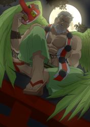Rule 34 | 1boy, beard, facial hair, feathered wings, geta, green wings, highres, hogen (housamo), holding, holding mask, horns, male focus, mask, unworn mask, moon, muscular, muscular male, mustache, night, night sky, old, old man, oni horns, outdoors, pectorals, rope, shumeru hito (a sumerian0112), single horn, sitting, sky, solo, tengu mask, tokyo houkago summoners, torii, white hair, wings