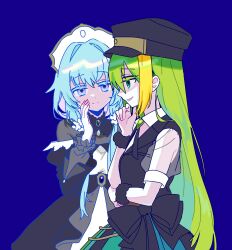 Rule 34 | 2girls, absurdres, alina gray, black bow, black collar, black dress, black headwear, black necktie, black vest, blonde hair, blue background, blue eyes, blue hair, bonnet, bow, brooch, chain, closed mouth, collar, cross tie, detached collar, detached sleeves, dress, fur cuffs, gem, green gemstone, green hair, grey shirt, hair between eyes, hand on own chin, hat, highres, jewelry, long hair, looking at another, magia record: mahou shoujo madoka magica gaiden, magical girl, mahou shoujo madoka magica, multicolored clothes, multicolored hair, multicolored skirt, multiple girls, necktie, peaked cap, pleated skirt, puffy short sleeves, puffy sleeves, rro del, see-through, see-through sleeves, sena mikoto, shirt, short sleeves, sidelocks, simple background, skirt, smile, straight hair, streaked hair, striped clothes, striped skirt, vertical-striped clothes, vertical-striped skirt, very long hair, vest, waist bow, white collar, white headwear, white sleeves