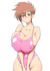 Rule 34 | 1girl, breasts, brown eyes, brown hair, honoo no toukyuuji: dodge danpei, ichigeki haruka, large breasts, looking at viewer, mature female, nipples through clothes, one-piece swimsuit, open mouth, short hair, solo, swimsuit, wet, wet clothes, wet swimsuit