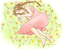 Rule 34 | 1girl, aerith gainsborough, bare arms, barefoot, braid, braided ponytail, breasts, brown hair, closed eyes, dress, field, final fantasy, final fantasy vii, final fantasy vii remake, flower, flower field, full body, hair ribbon, highres, long dress, long hair, lying, medium breasts, omochi daisuki, on side, outdoors, parted bangs, parted lips, pink dress, pink ribbon, ribbon, sidelocks, sleeping, solo, square enix, strap slip, twitter username, wavy hair, white footwear, yellow flower