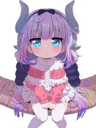 Rule 34 | 1girl, absurdres, beads, black hairband, blue eyes, blunt bangs, blush, capelet, closed mouth, dot mouth, dragon girl, dragon horns, dress, fisheye, frilled capelet, frills, gradient hair, hair beads, hair ornament, hairband, highres, horns, kanna kamui, kobayashi-san chi no maidragon, long hair, looking at viewer, low twintails, multicolored hair, pink hair, purple hair, sekaineko 001, simple background, sitting, solo, tail, thighhighs, twintails, veranda, white background, white thighhighs