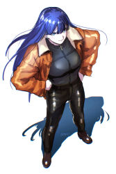 Rule 34 | 1girl, aoba (smartbeat), black footwear, black pants, black shirt, blue eyes, breasts, brown jacket, earrings, fate/grand order, fate (series), full body, highres, jacket, jewelry, large breasts, long hair, long sleeves, looking at viewer, martha (fate), open clothes, open jacket, pants, purple hair, shadow, shirt, smile, solo