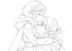 Rule 34 | 1boy, 1girl, hug, ji yuyun, kiss, kissing forehead, link, looking at another, nintendo, pointy ears, princess zelda, short hair, simple background, sketch, the legend of zelda, the legend of zelda: breath of the wild, white background