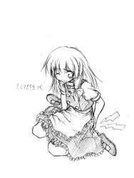 Rule 34 | 1girl, aozora market, apron, bow, buttons, dress, female focus, frown, greyscale, kirisame marisa, kneeling, long hair, lowres, monochrome, one eye closed, pain, simple background, sitting, solo, touhou, wince, wink