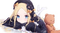 Rule 34 | 1girl, abigail williams (fate), artist name, black bow, black dress, black hat, blue eyes, blush, bow, bowler hat, closed mouth, dress, fate/grand order, fate (series), hair bow, hands in opposite sleeves, hat, legs up, long hair, long sleeves, looking at viewer, lying, no shoes, on stomach, orange bow, pantyhose, parted bangs, polka dot, polka dot bow, solo, stuffed animal, stuffed toy, teddy bear, tr (hareru), very long hair, white background, white pantyhose
