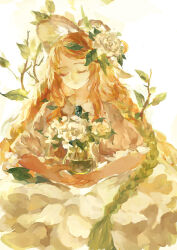 Rule 34 | 1girl, blonde hair, bonnet, bouquet, bubble skirt, chinese commentary, closed eyes, closed mouth, commentary request, cowboy shot, dress, eyelashes, flower, frilled dress, frilled hairband, frills, gradient hair, green hair, hair flower, hair ornament, hairband, highres, holding vase, leaf, light smile, long braid, long dress, long hair, multicolored hair, original, puffy short sleeves, puffy sleeves, rivet jiang, rose, short sleeves, simple background, skirt, solo, very long hair, white background, white dress, white flower, white headwear, white rose, white sleeves