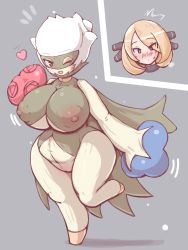 Rule 34 | 2girls, 57mm, blonde hair, blush, breasts, covered erect nipples, creatures (company), cynthia (pokemon), game freak, gen 4 pokemon, grey background, highres, huge breasts, large breasts, long hair, looking at viewer, monster girl, multiple girls, nintendo, nipples, pokemon, pokemon dppt, roserade, simple background