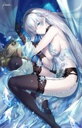 Rule 34 | 1girl, anastasia (fate), artoria pendragon (lancer alter) (fate), artoria pendragon (lancer alter) (royal icing) (fate), black gloves, black panties, black thighhighs, blue eyes, blush, breasts, curtains, elbow gloves, fate/grand order, fate (series), garter belt, garter straps, gloves, ice shard, kousaki rui, lace, lace-trimmed legwear, lace trim, long hair, looking at viewer, lying, medium breasts, official alternate costume, on side, panties, sideboob, signature, silver hair, solo, thighhighs, underwear