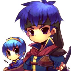 Rule 34 | 2boys, black headband, blue hair, blue shirt, cape, closed mouth, fire emblem, fire emblem: path of radiance, grey eyes, headband, holding, holding sword, holding weapon, ike (fire emblem), kotorai, looking at viewer, male focus, marth (fire emblem), multiple boys, nintendo, purple eyes, red cape, shirt, short hair, signature, simple background, smile, sword, weapon, white background
