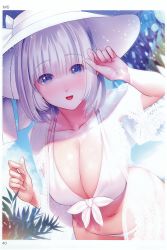 Rule 34 | 1girl, absurdres, artist name, bikini, blue eyes, breasts, cleavage, collarbone, day, hand up, hat, highres, large breasts, looking at viewer, navel, nemu (nora), open mouth, outdoors, page number, scan, short hair, short sleeves, silver hair, smile, solo, stomach, swimsuit, toranoana, white bikini
