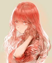 Rule 34 | 1girl, amo (silent bomb19), bad id, bad twitter id, closed mouth, commentary, from side, grey background, jacket, long hair, looking at viewer, looking to the side, red eyes, red hair, red jacket, red theme, simple background, sleeves rolled up, solo, upper body