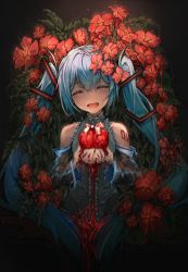 Rule 34 | 1girl, aqua hair, arm tattoo, box, closed eyes, detached sleeves, flower, gift, gift box, hatsune miku, highres, holding, holding gift, kajaneko, open mouth, solo, tattoo, twintails, upper body, vocaloid
