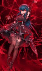 Rule 34 | 1girl, arm up, armpits, bianca (black survival), black dress, black footwear, black survival, blood, blood bag, blue hair, breasts, cross, dress, drinking straw, gothic lolita, hemokinesis, highres, lolita fashion, long hair, open mouth, red eyes, shimo (depthbomb), small breasts, solo, thighhighs, zettai ryouiki