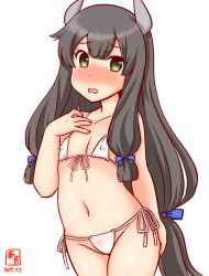 Rule 34 | 1girl, artist logo, bikini, black hair, blush, collarbone, commentary request, covered erect nipples, dated, flat chest, front-tie top, green eyes, hair ribbon, hand on own chest, headgear, i-47 (kancolle), kanon (kurogane knights), kantai collection, long hair, looking at viewer, low-tied long hair, micro bikini, nose blush, one-hour drawing challenge, ribbon, side-tie bikini bottom, sidelocks, simple background, solo, standing, swimsuit, tress ribbon, white background, white bikini