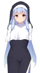 Rule 34 | 1girl, arms behind back, blue hair, blush, closed mouth, light blue hair, long hair, looking at viewer, nun, original, pink eyes, simple background, smile, solo, terazip, thighhighs, turtleneck, white background, white thighhighs