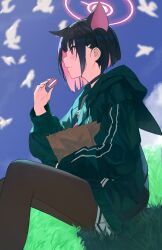 Rule 34 | 024th, 1girl, absurdres, bag, black choker, black hair, blue archive, brown pantyhose, choker, colored inner hair, day, eating, extra ears, food, food on face, from side, grass, hair behind ear, halo, highres, holding, holding food, kazusa (blue archive), long sleeves, multicolored hair, outdoors, pantyhose, paper bag, pink hair, red eyes, short hair, sitting, solo