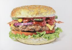 Rule 34 | bacon, bonbon20170916, burger, cheese, colored pencil (medium), commentary request, food, food focus, highres, ketchup, lettuce, no humans, onion, original, realistic, still life, tomato, traditional media
