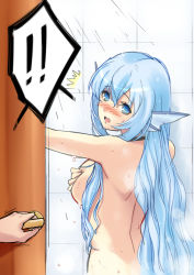 Rule 34 | !, !!, 1girl, ^^^, bathing, blue eyes, blue hair, blush, breasts, covering privates, covering breasts, embarrassed, fins, from behind, head fins, large breasts, lintanghaseo, long hair, looking back, nude, original, showering, solo focus, surprised, walk-in, wet