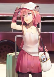 Rule 34 | 1boy, adjusting clothes, adjusting headwear, astolfo (fate), bag, bianyuanqishi, black pantyhose, collarbone, duffel bag, fate/grand order, fate (series), hat, highres, looking away, male focus, pantyhose, pink eyes, pink hair, pink skirt, short hair, skirt, solo, suitcase, tongue, tongue out, trap, white hat